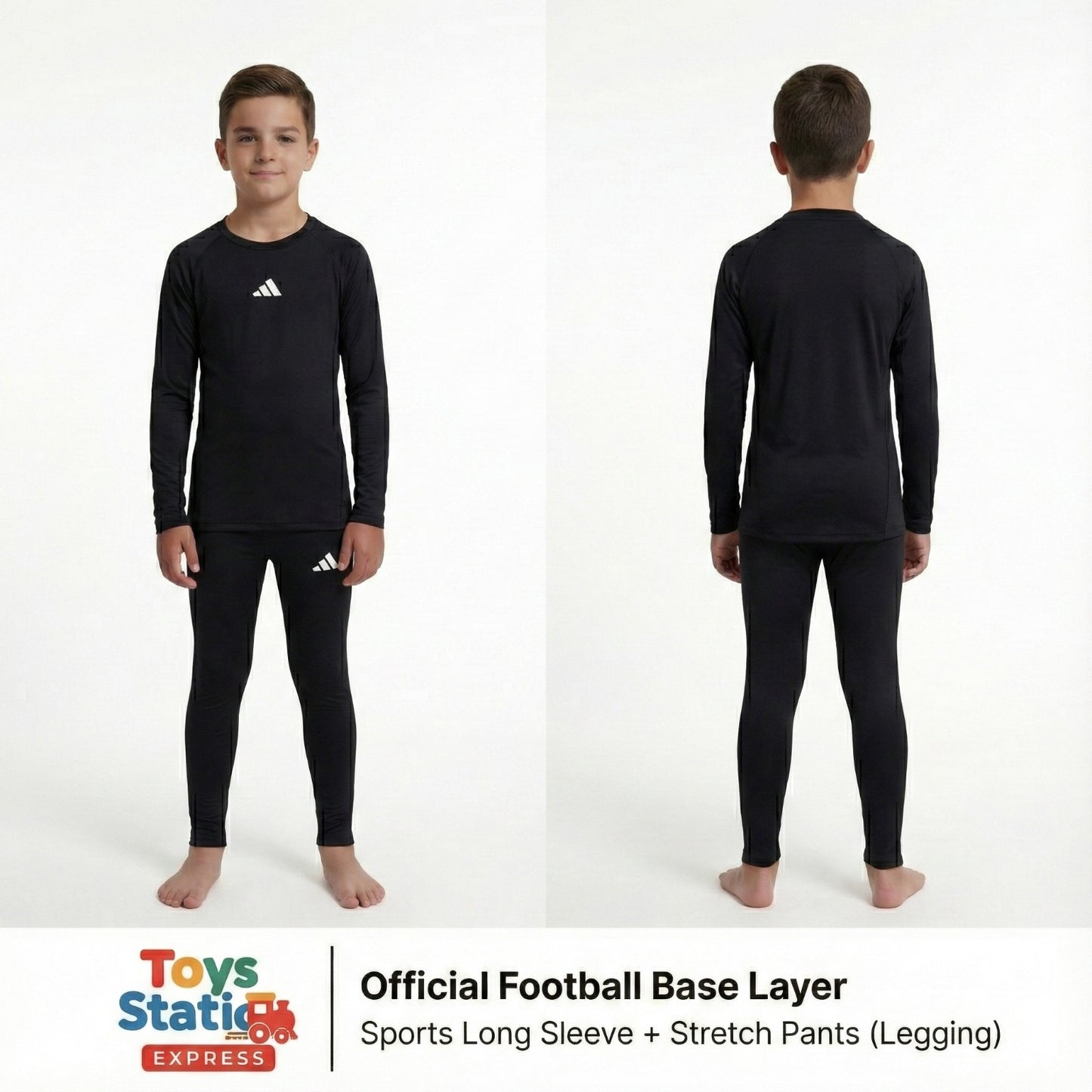 Base layer . Black sports long sleeve and stretch pants set with Adidas logo on a white background