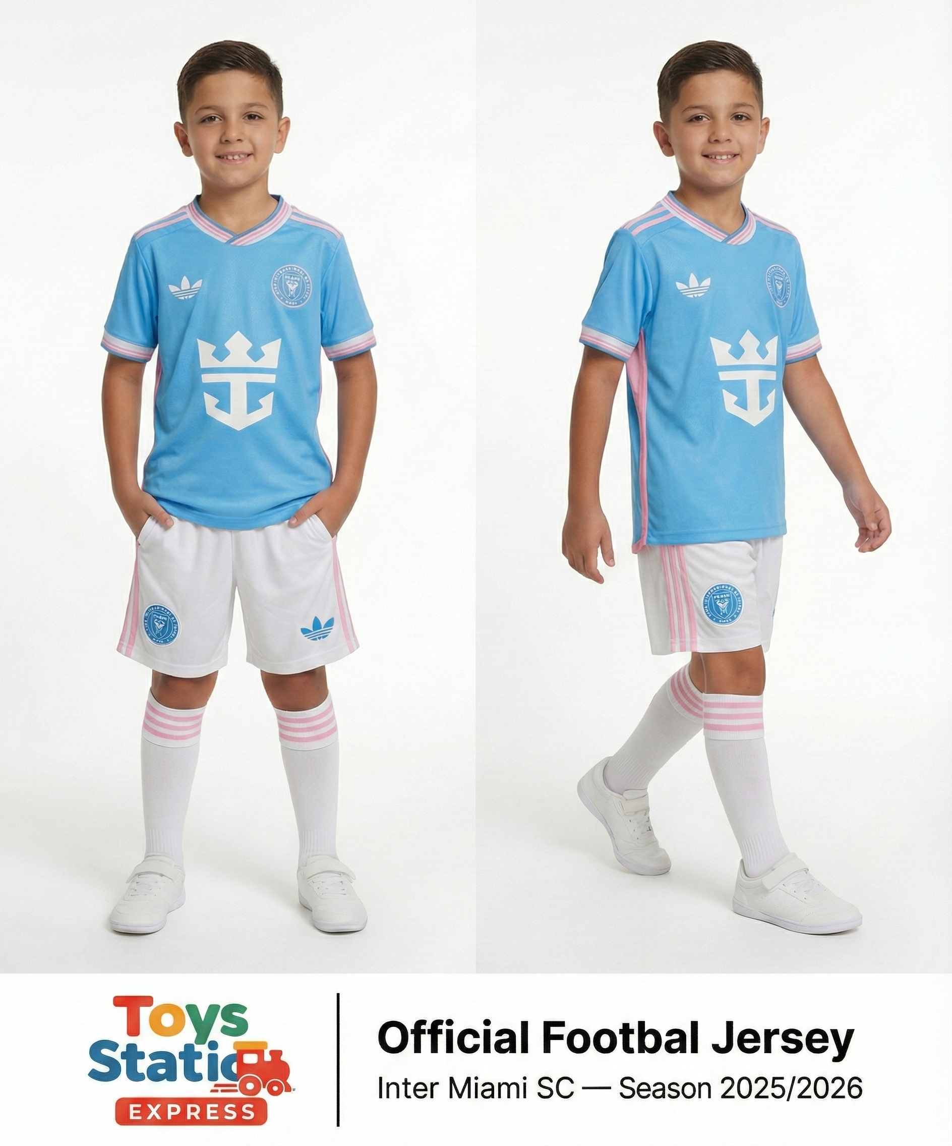 Two children wearing Inter Miami SC football jerseys on a white background with Toys Station Express branding.