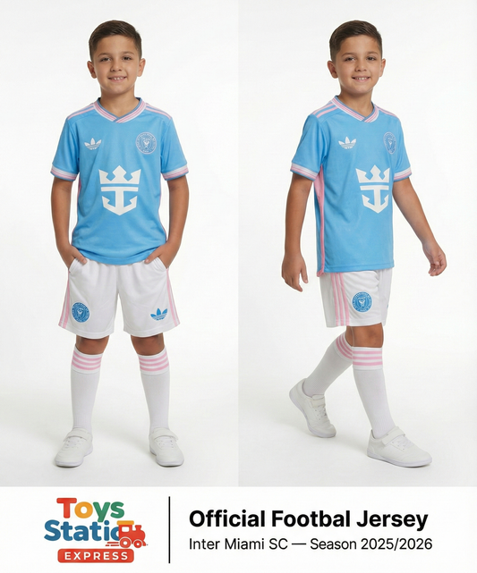 Two children wearing Inter Miami SC football jerseys on a white background with Toys Station Express branding.