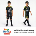 AL AHLY SC season 2025/2026 .Two children wearing black and yellow football jerseys with visible branding on a white background.
