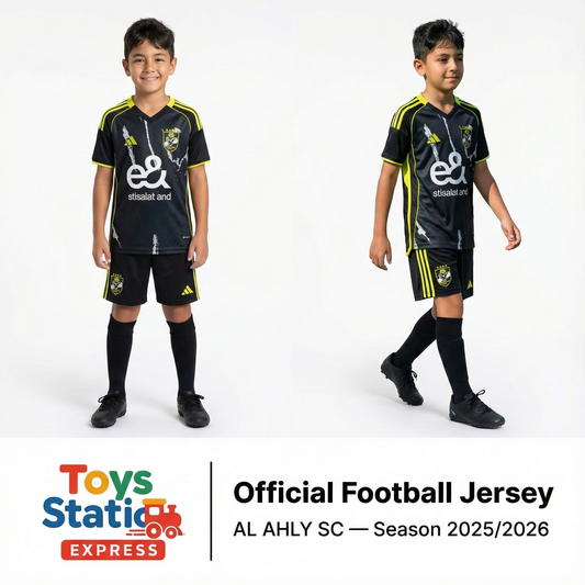 AL AHLY SC season 2025/2026 .Two children wearing black and yellow football jerseys with visible branding on a white background.