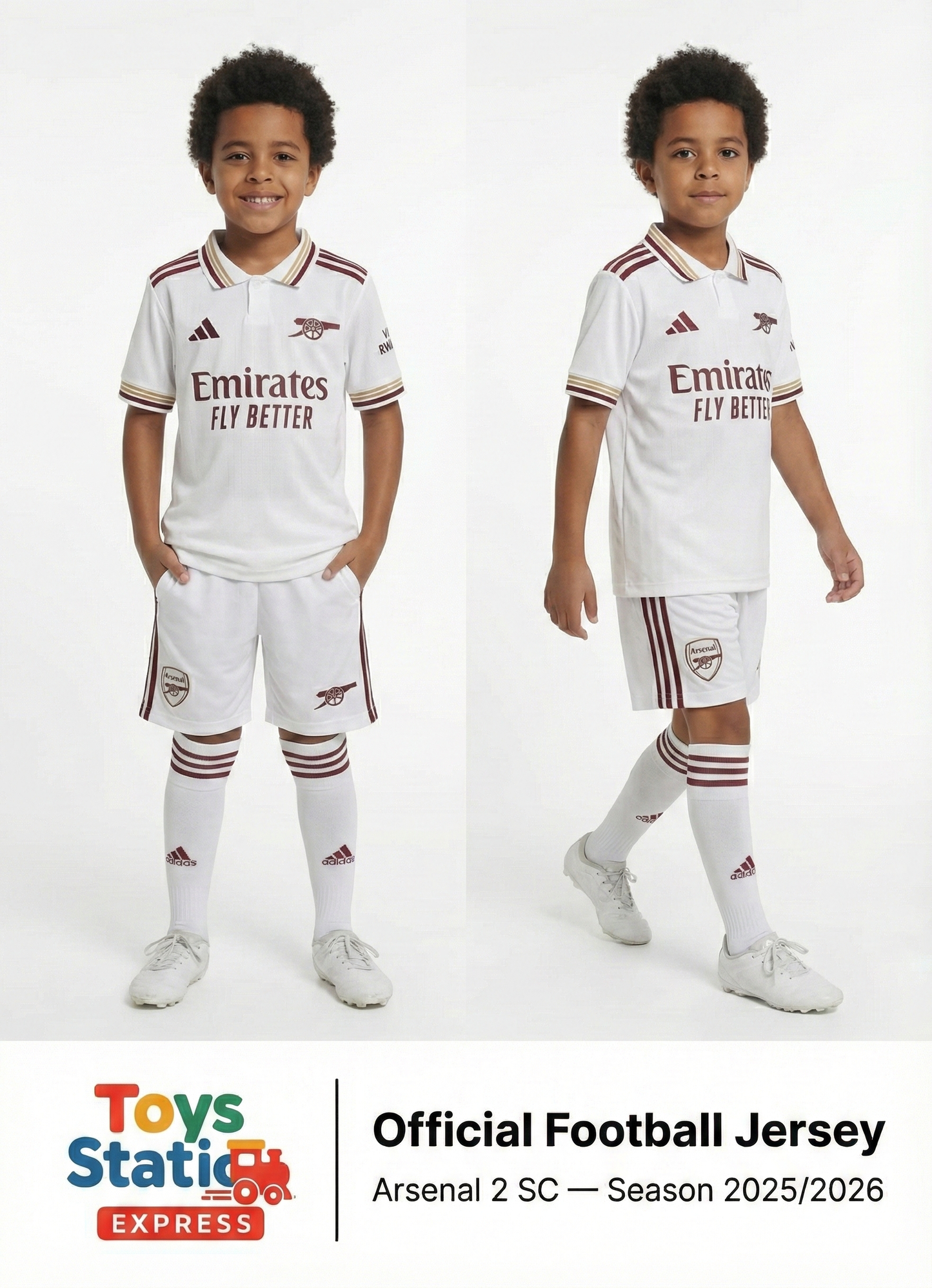 Two children wearing Arsenal FC football jerseys on a white background with Toys 'Station Express branding.