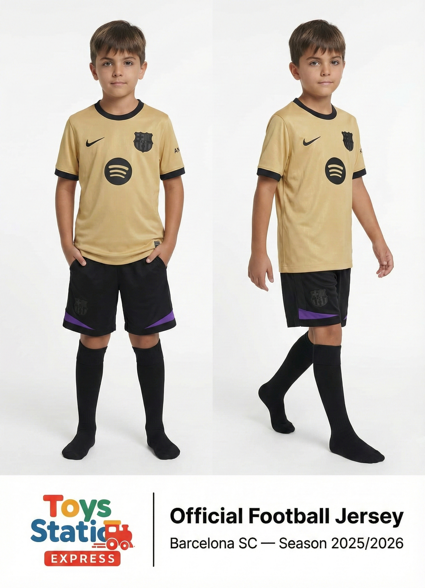 Barcelona SC 2025 /2026 .Two children wearing a beige and black football jersey with a visible brand logo on a white background.