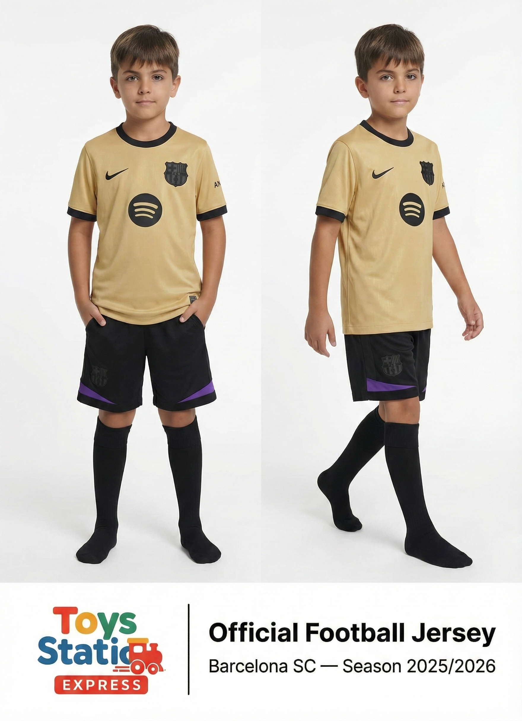 Barcelona SC 2025 /2026 .Two children wearing a beige and black football jersey with a visible brand logo on a white background.