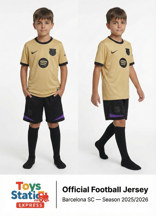 Barcelona SC 2025 /2026 .Two children wearing a beige and black football jersey with a visible brand logo on a white background.