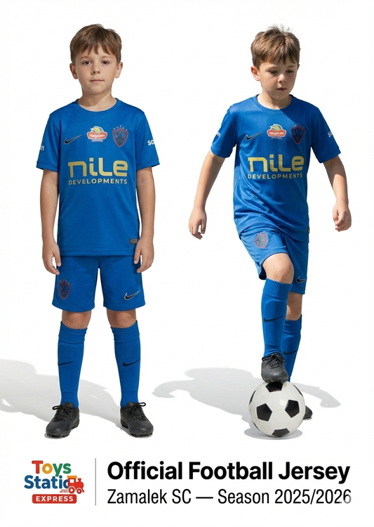 Zamalek SC season 2025/2026 .Two children wearing blue football jerseys with visible branding, standing next to a soccer ball on a white background.