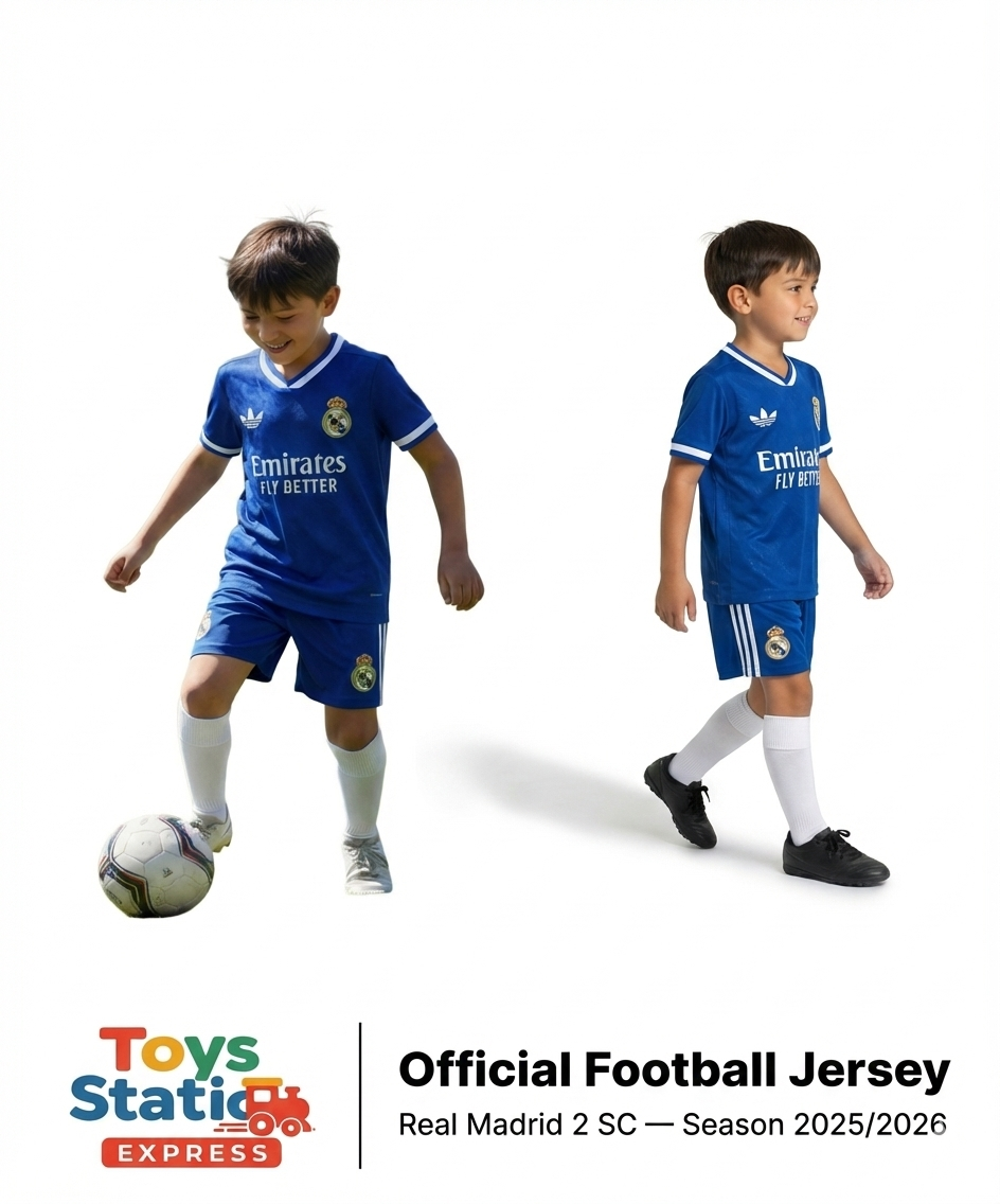Two children wearing Real Madrid football jerseys on a white background with Toys Station Express branding.