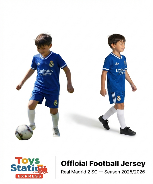 Two children wearing Real Madrid football jerseys on a white background with Toys Station Express branding.