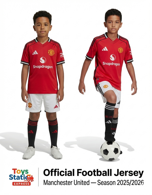 Two children wearing Manchester United football jerseys with visible branding on a white background.
