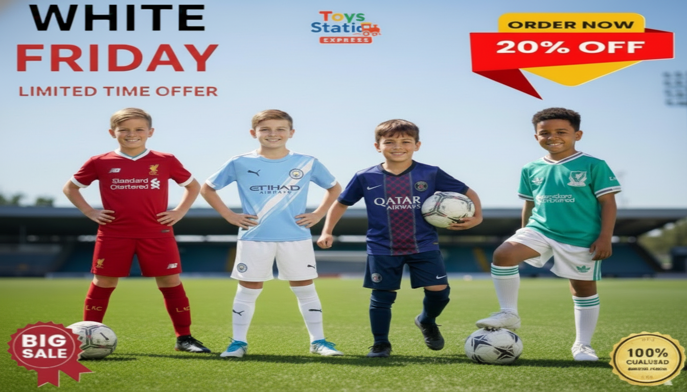 Four children in sports jerseys on a grass field with promotional text for Toys R Us.