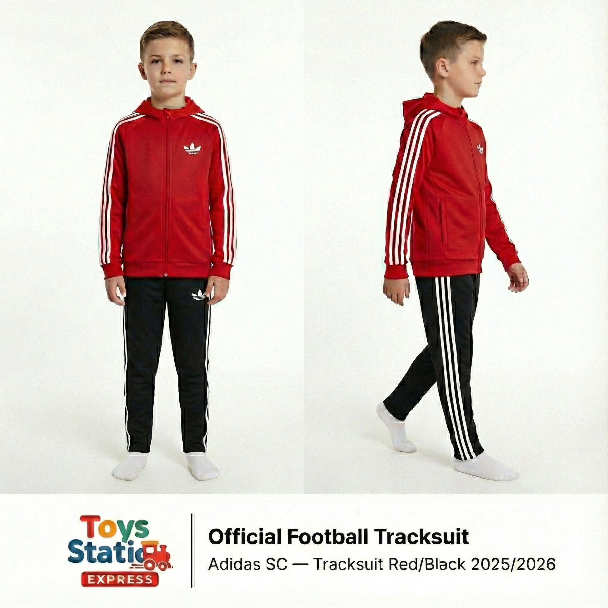 Child wearing a red and black Adidas tracksuit on a white background