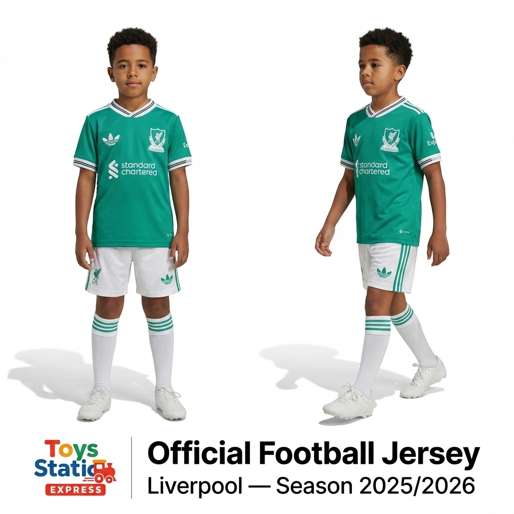 Liverpool season 2025/2026. Two children wearing green football jerseys with white shorts and socks, standing side by side on a white background.