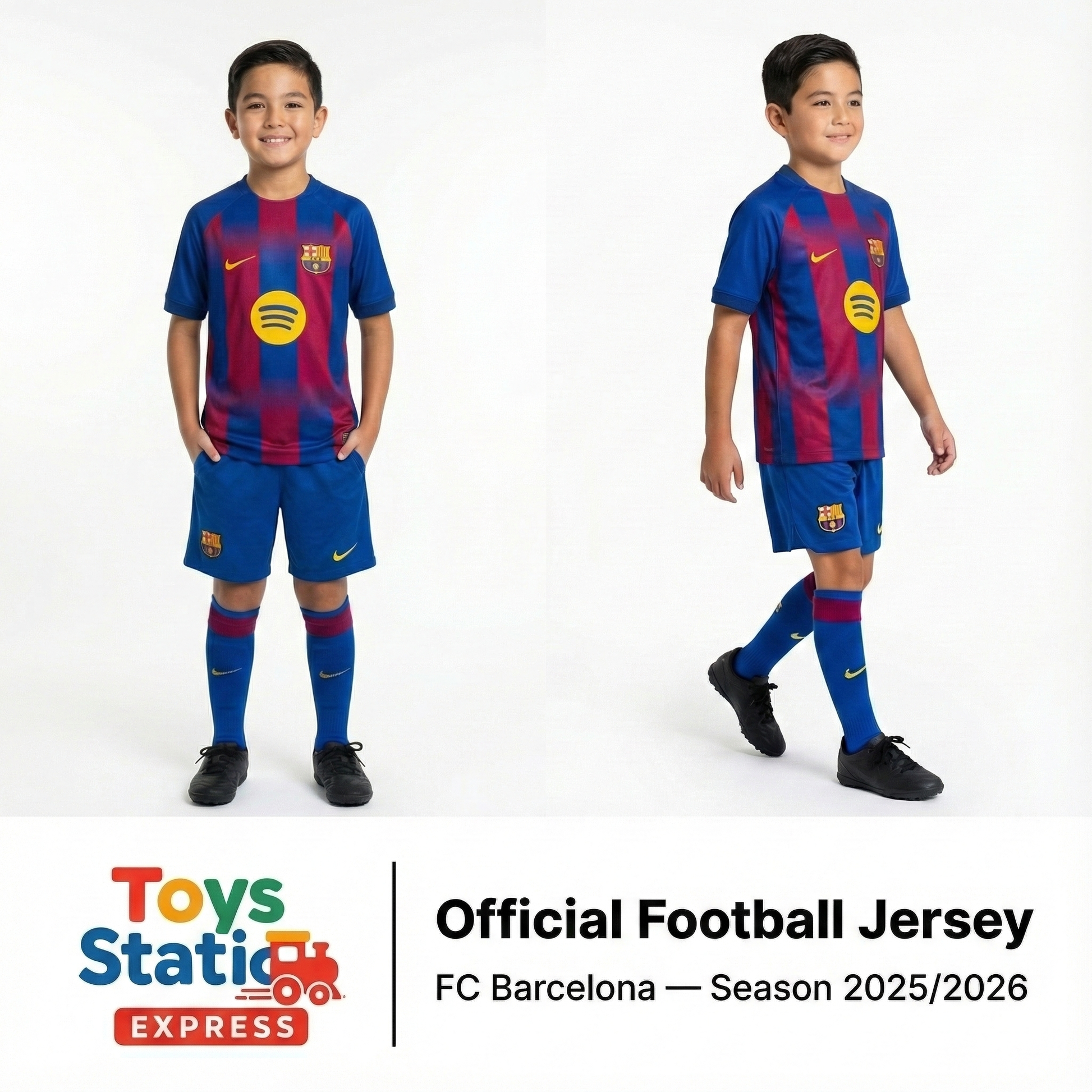 Two children wearing FC Barcelona official football jerseys on a white background, with Toys Station Express branding.