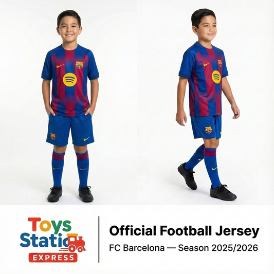 Two children wearing FC Barcelona official football jerseys on a white background, with Toys Station Express branding.