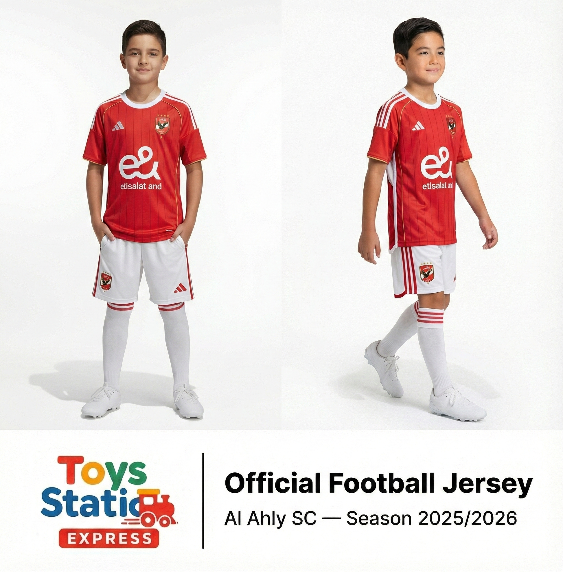 AL AHLY SC 2025/2026 .Two children wearing red and white football jerseys with visible branding on a white background.