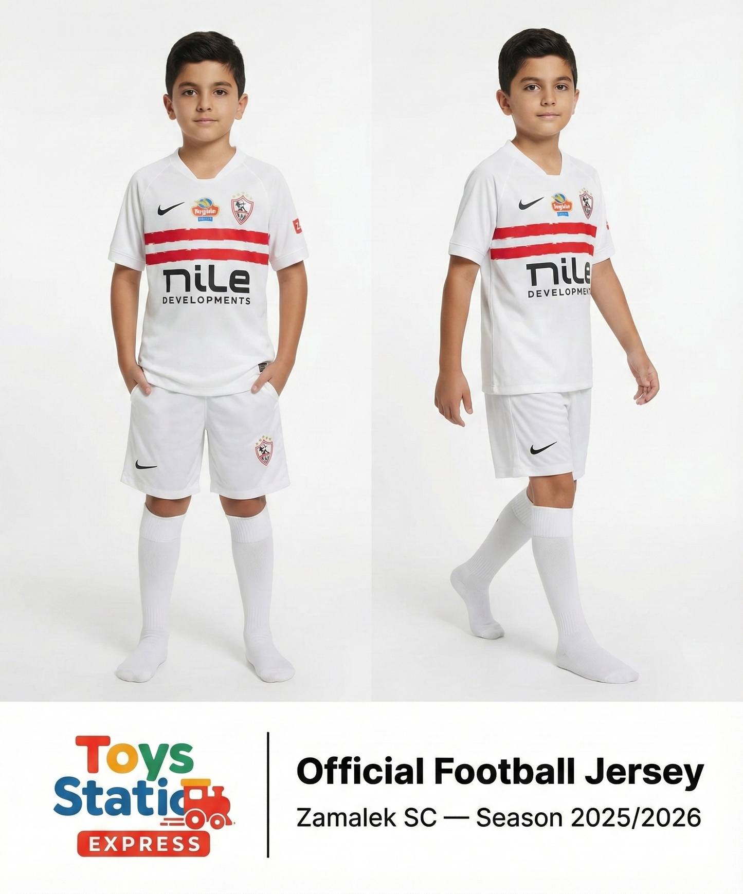Two children wearing a Zamalek SC football jersey with Nile Developments on a white background.