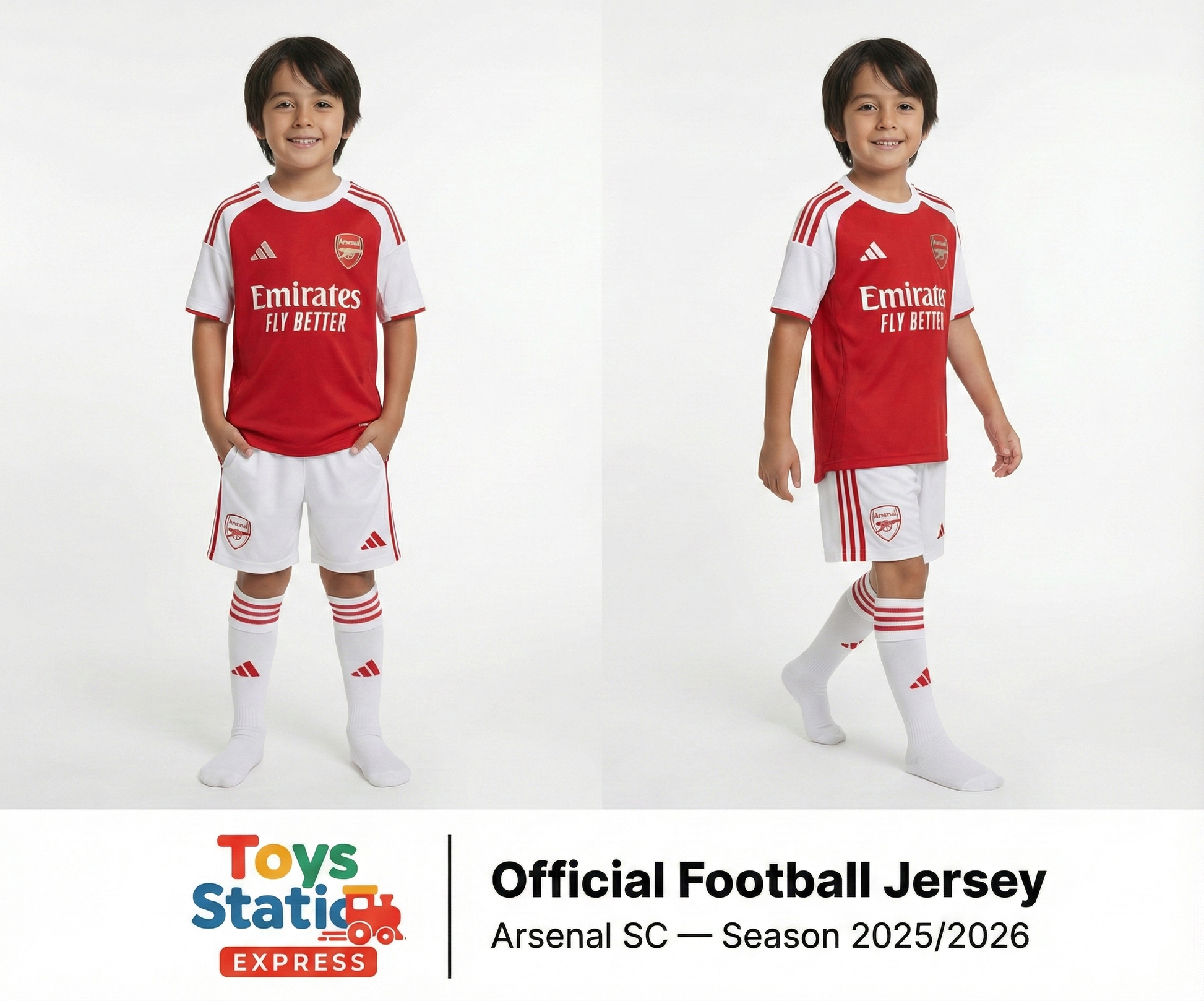 Two children wearing Arsenal FC football jerseys on a white background with Toys Static Express branding.
