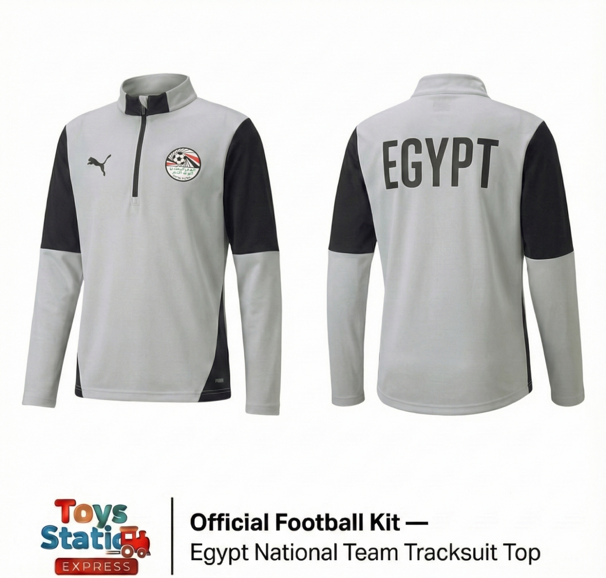 OFFICIAL FOOTBALL KIT Egyptian national team .
Gray and black tracksuit top with Egypt branding and Puma logo on a white background
