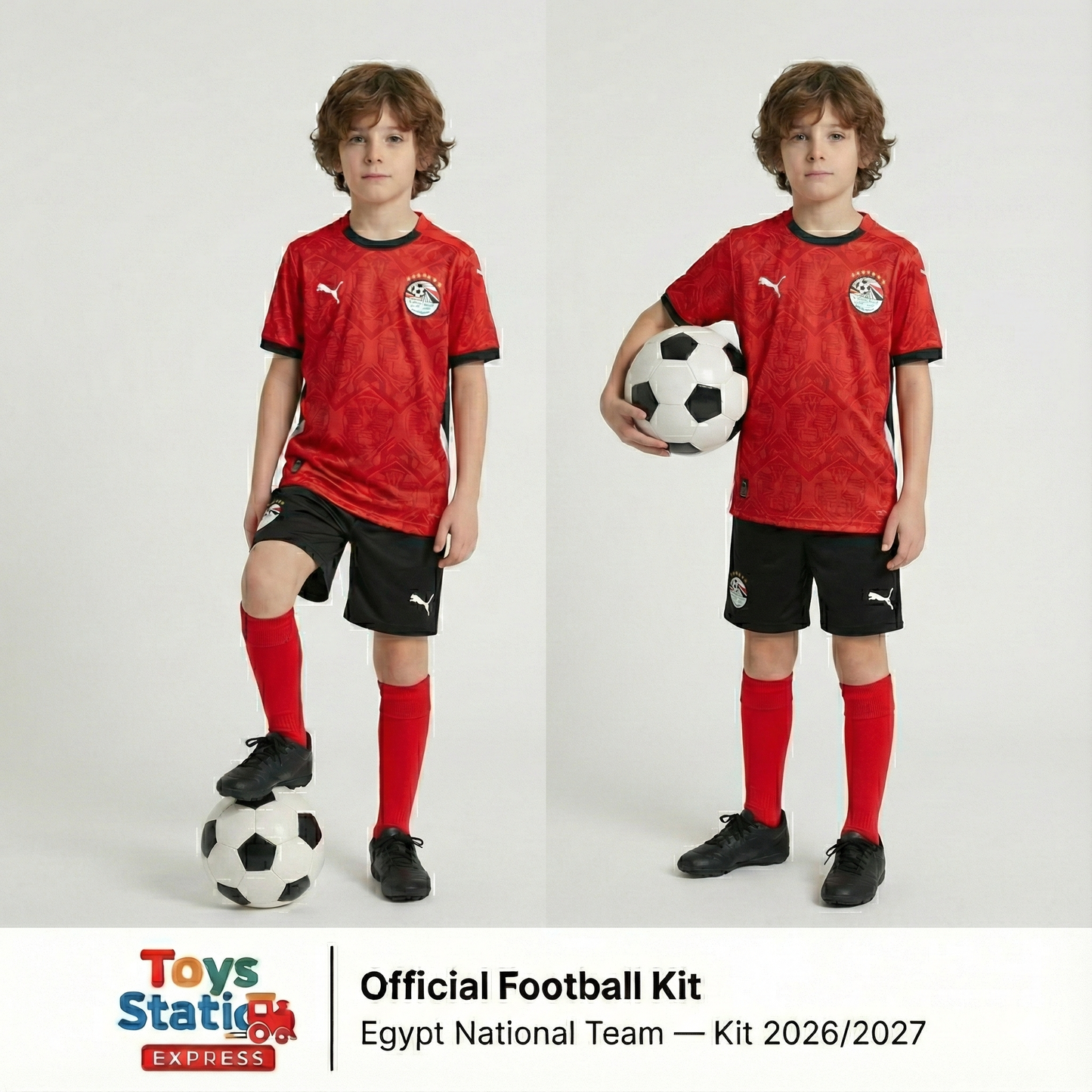 Egypt National team kit 2025/2026 . Two children wearing red and black football kits with a ball, on a white background.