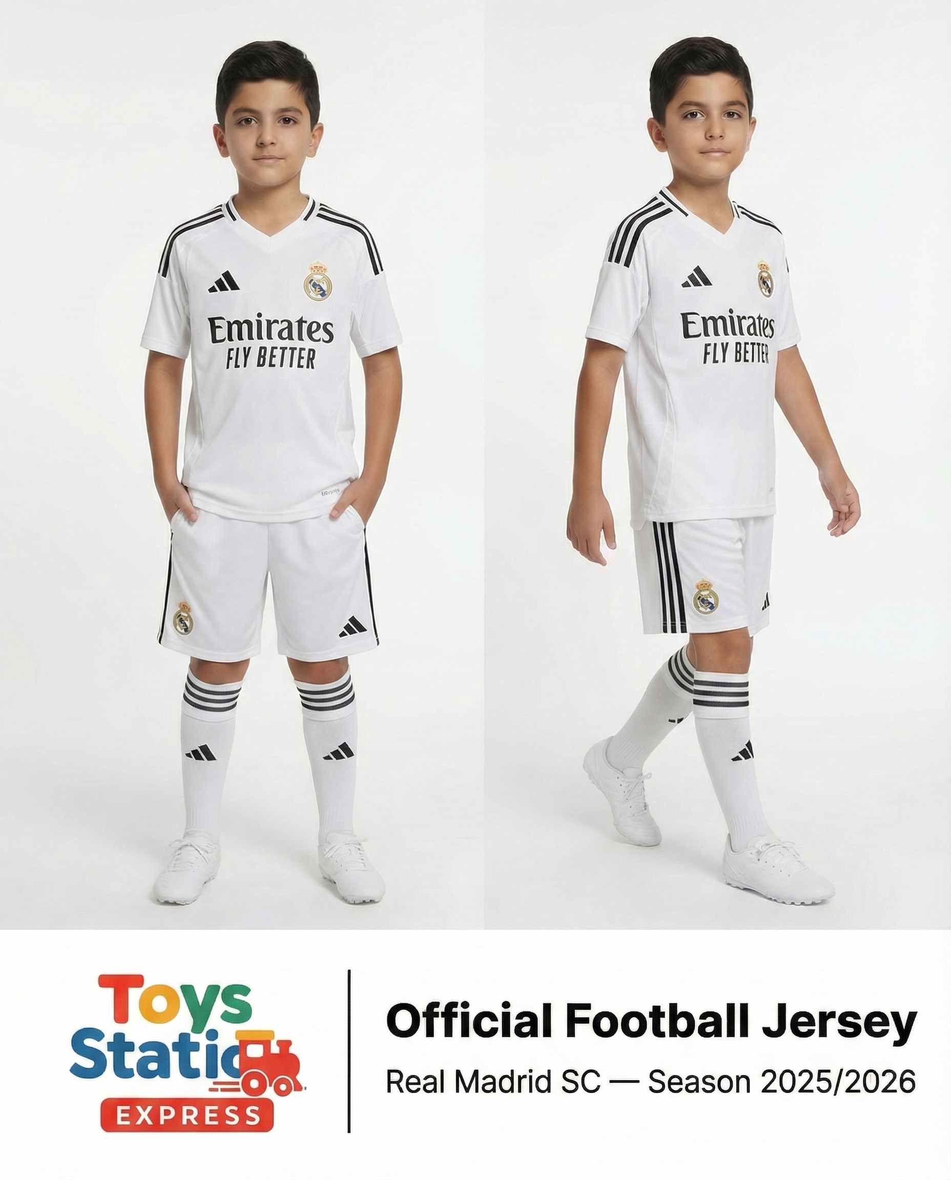 Two children wearing Real Madrid football jerseys with Adidas logo on a white background.