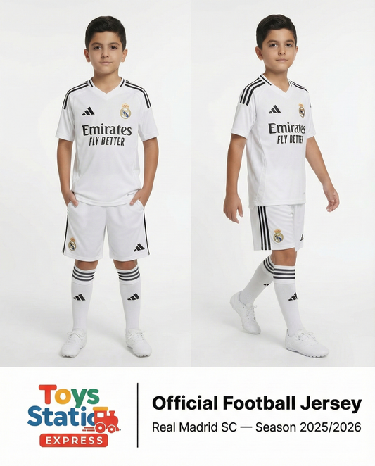 Two children wearing Real Madrid football jerseys with Adidas logo on a white background.