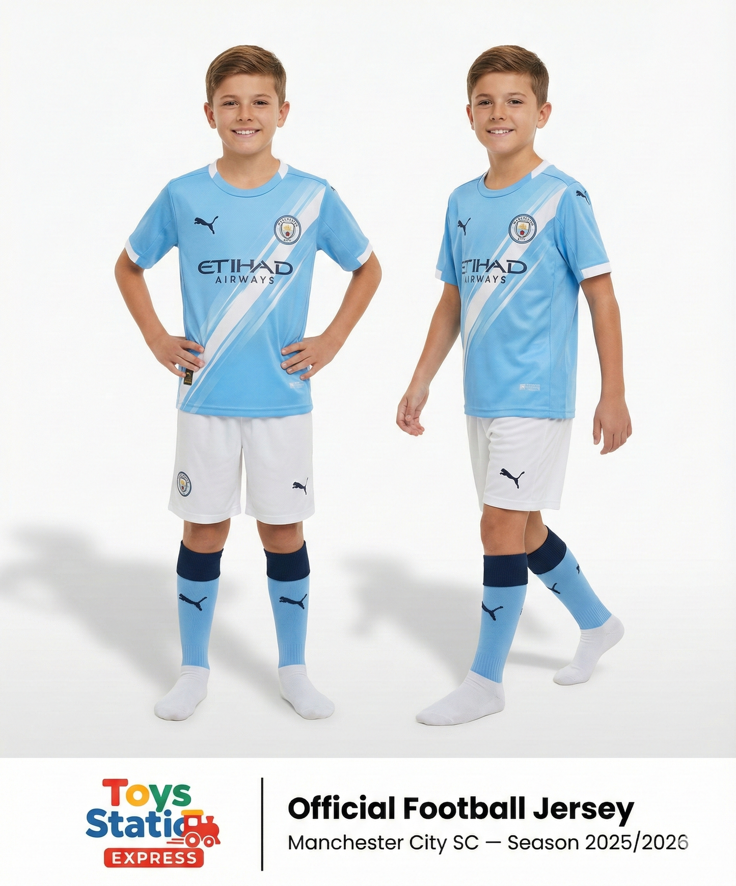 Two children wearing Manchester City football jerseys on a white background with Toys Station Express branding.
