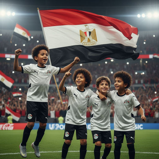Egyptian national team . Children in sports jerseys celebrating with an Egyptian flag on a sports field.