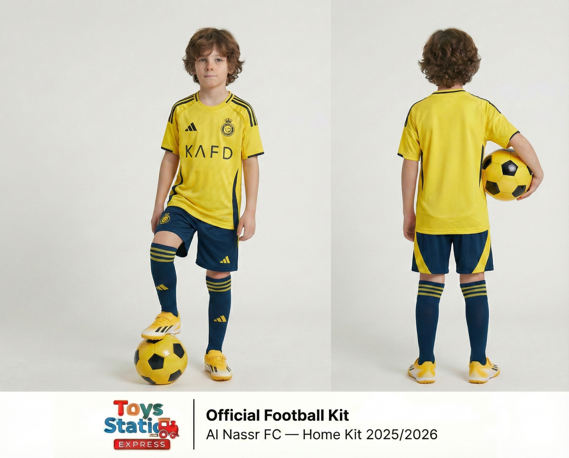 Al Nassr SC Child wearing a yellow and blue football kit with 'KAAF' branding, standing next to a soccer ball on a white background.