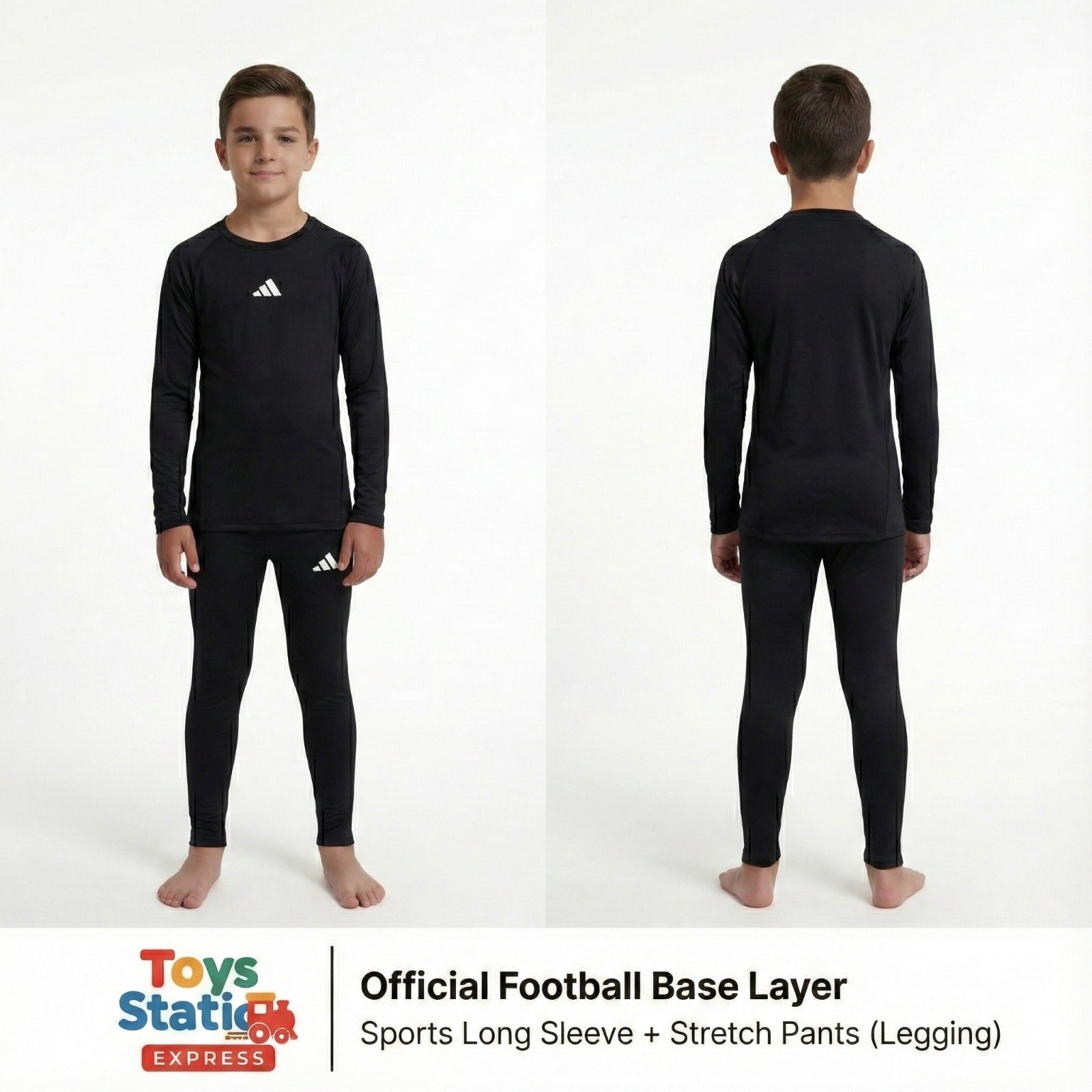 Base layer . Black sports long sleeve and stretch pants set with Adidas logo on a white background
