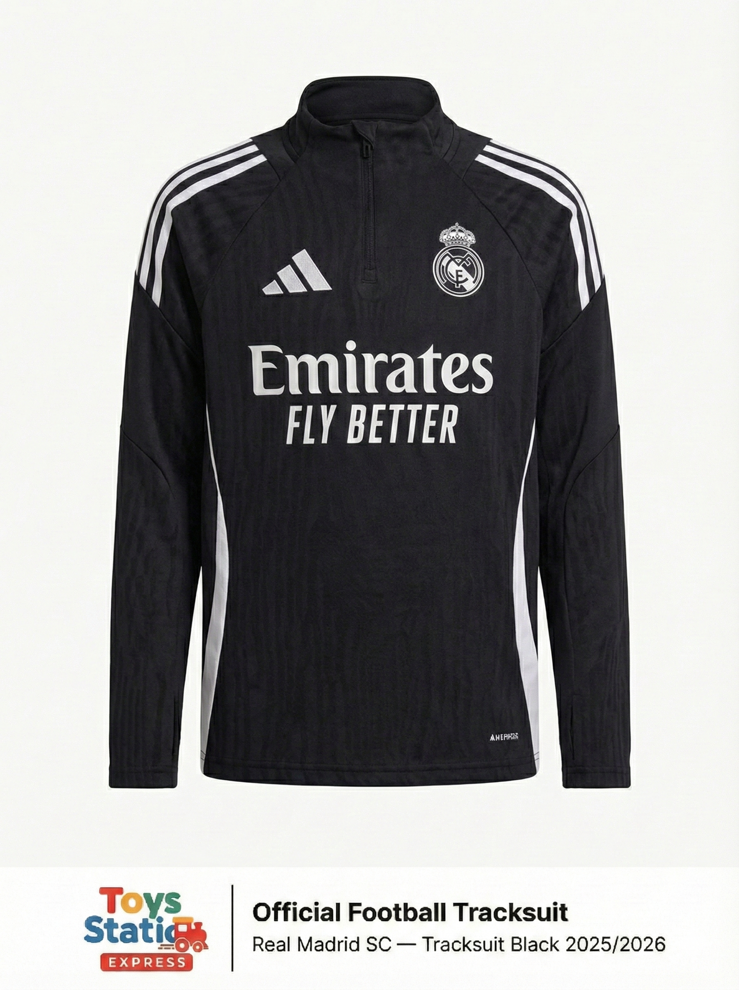 Black football tracksuit with Adidas and Real Madrid logos on a white background