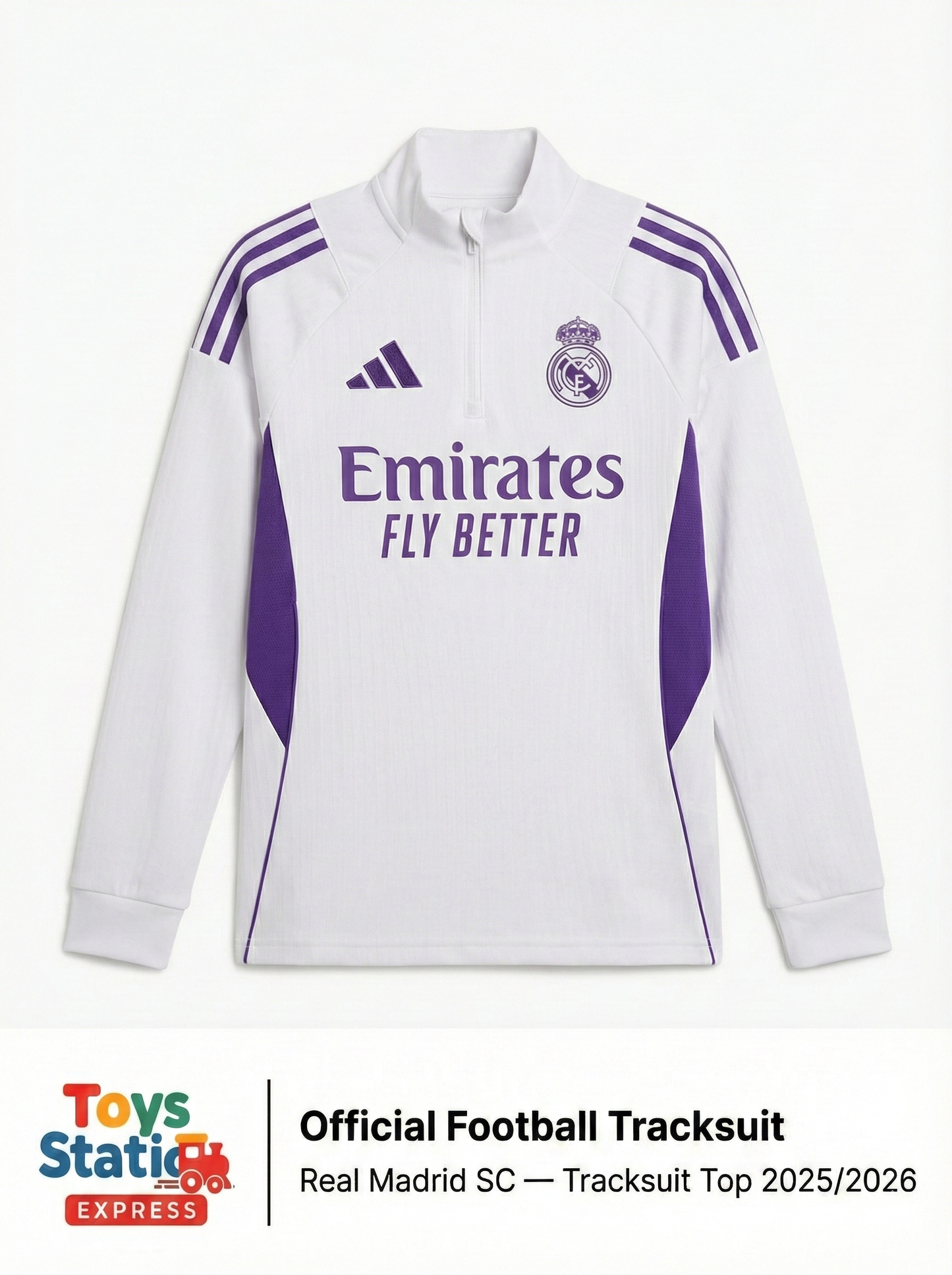 White football tracksuit with purple accents and Real Madrid logo on a white background