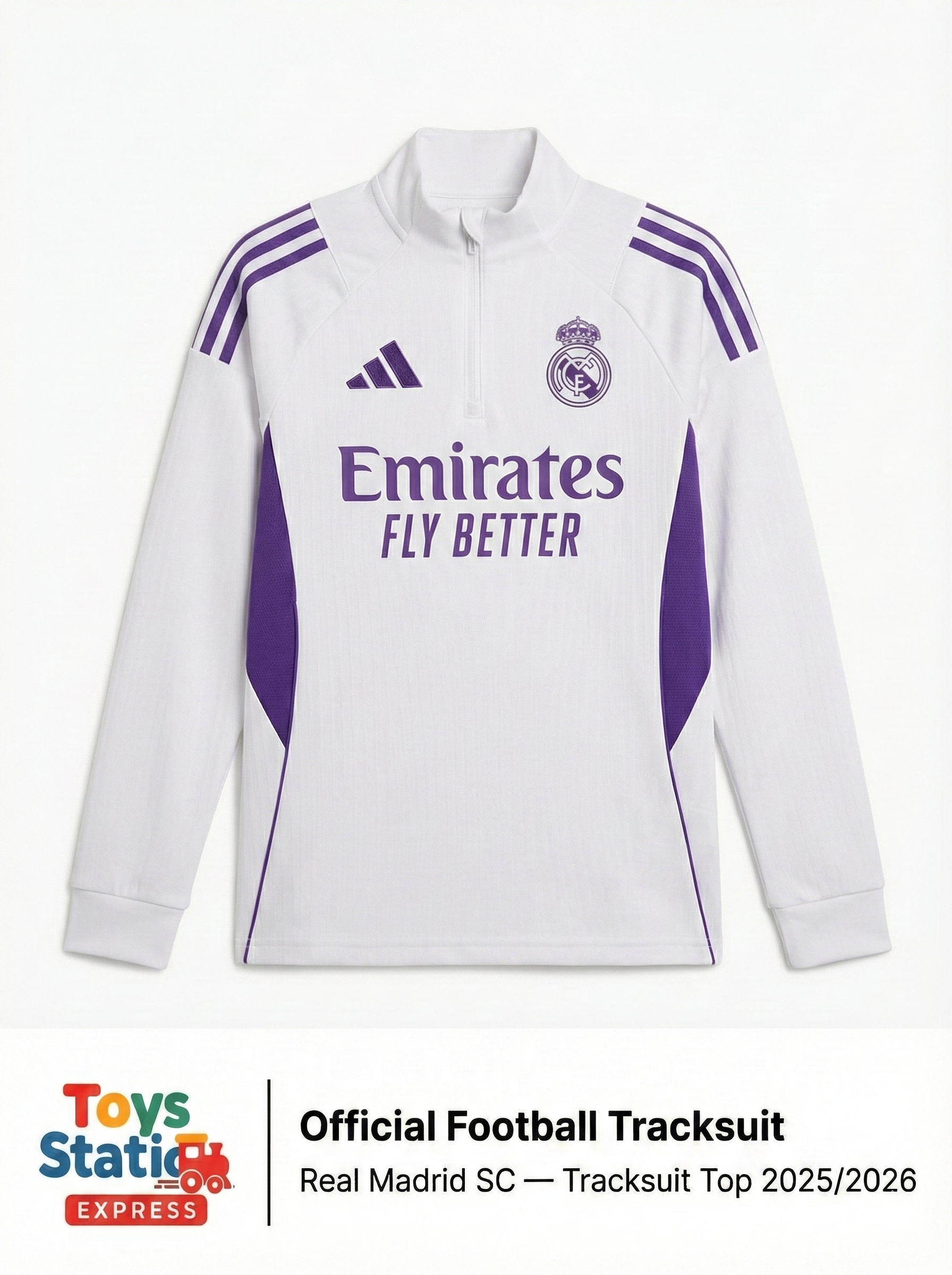 White football tracksuit with purple accents and Real Madrid logo on a white background