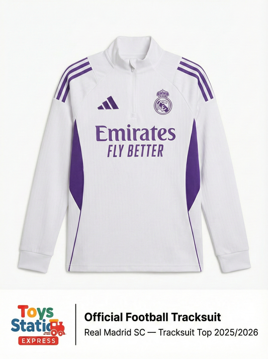 White football tracksuit with purple accents and Real Madrid logo on a white background