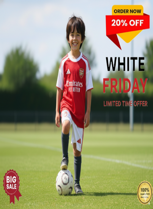 Child in Arsenal sports kit with soccer ball on a field, promotional text overlay.