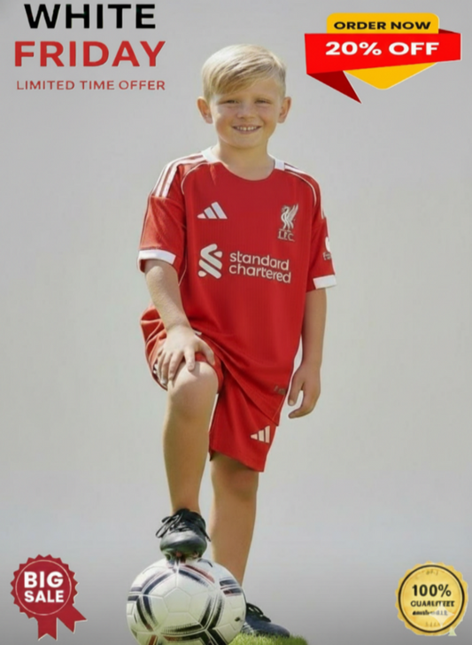 Child wearing a red sports jersey with a soccer ball, promotional text for 'White Friday' sale.