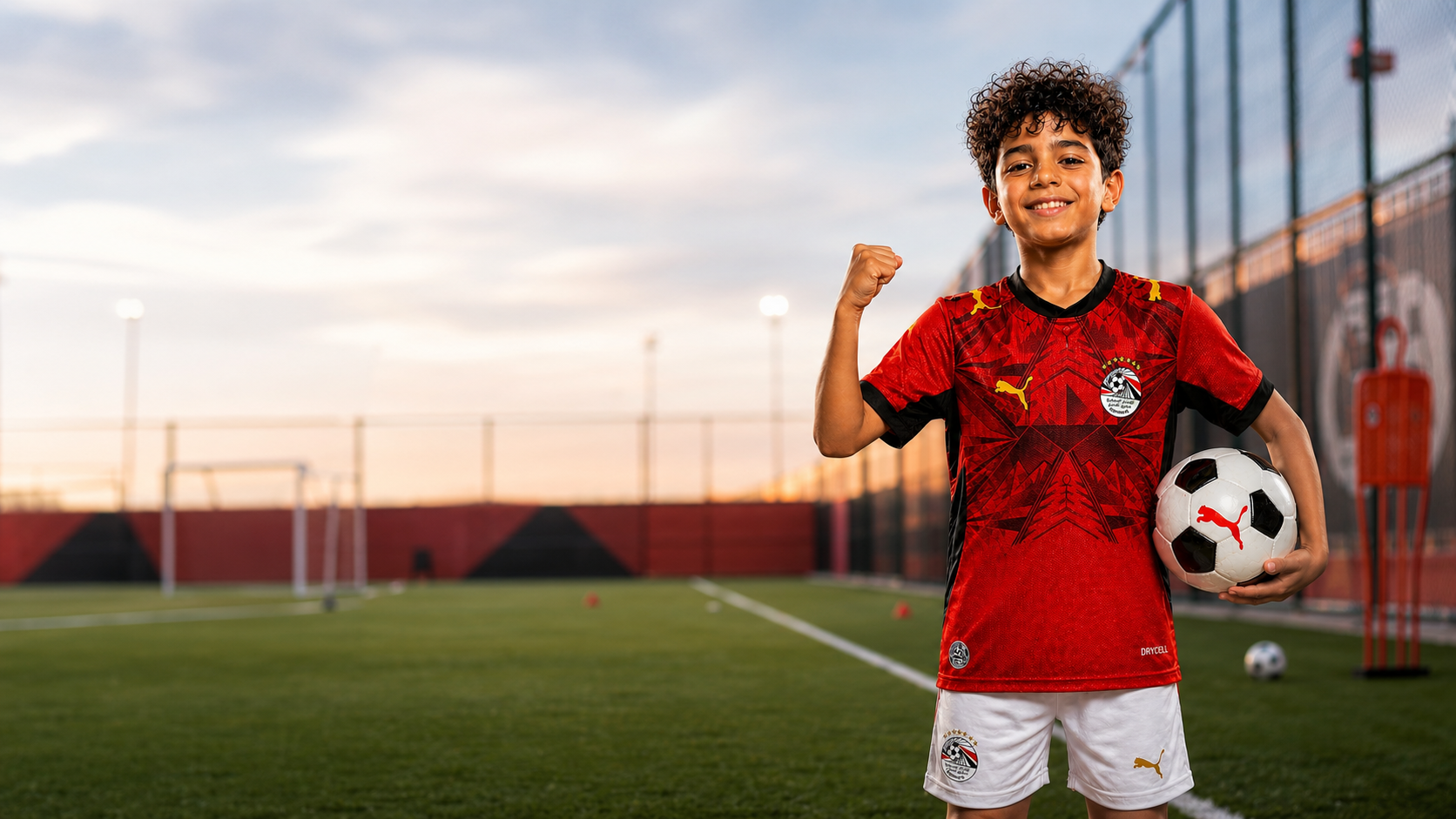 طفل يرتدي طقم منتخب مصر الأحمر المتوفر في Toys Station Express