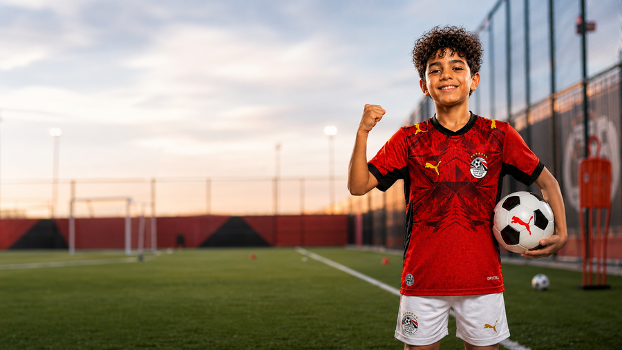 طفل يرتدي طقم منتخب مصر الأحمر المتوفر في Toys Station Express