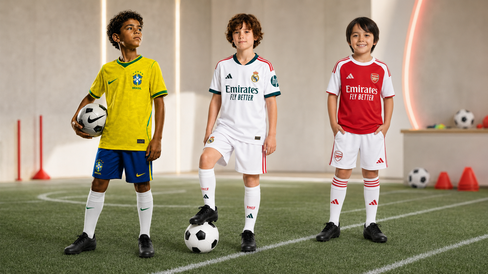 Three children wearing Brazil 2026, Real Madrid 2027 and Arsenal football kits available at Toys Station Express